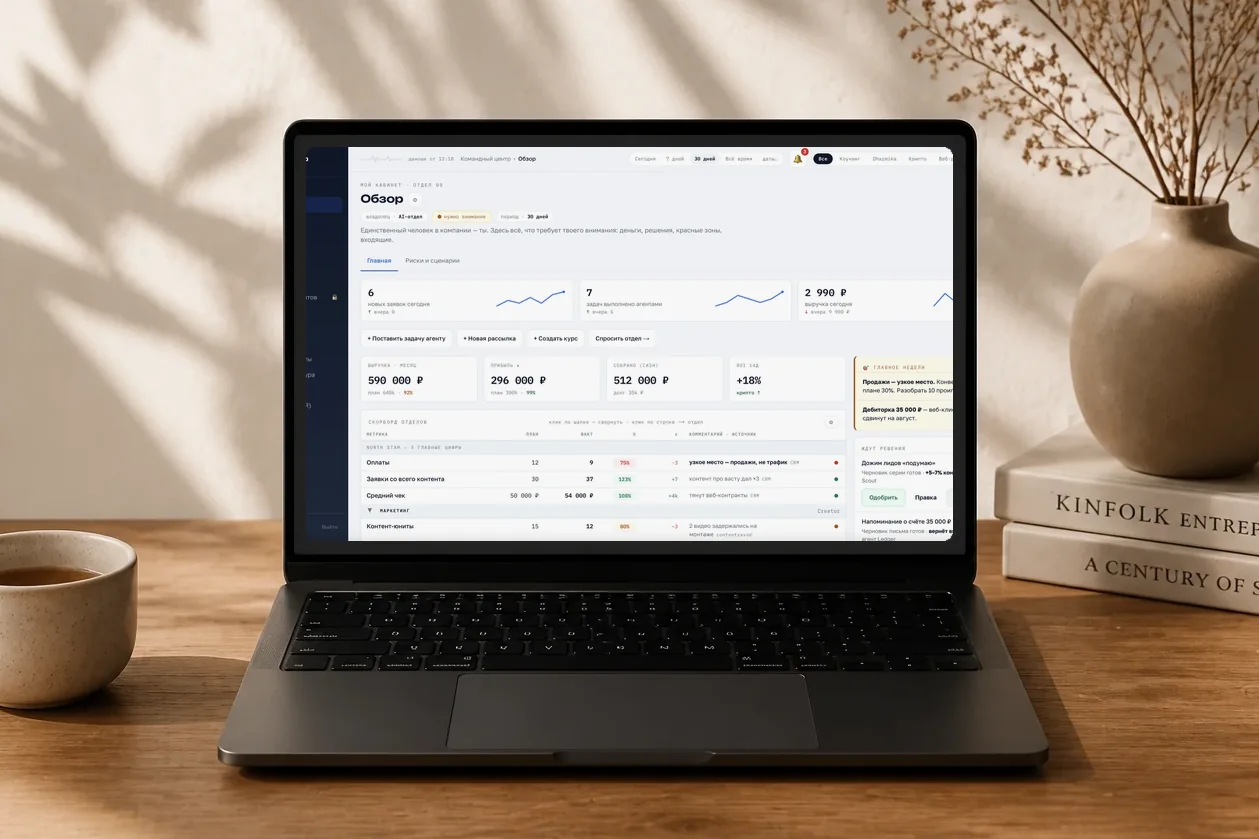 Командный центр LifeOS на ноутбуке: скорборд отделов и очередь решений